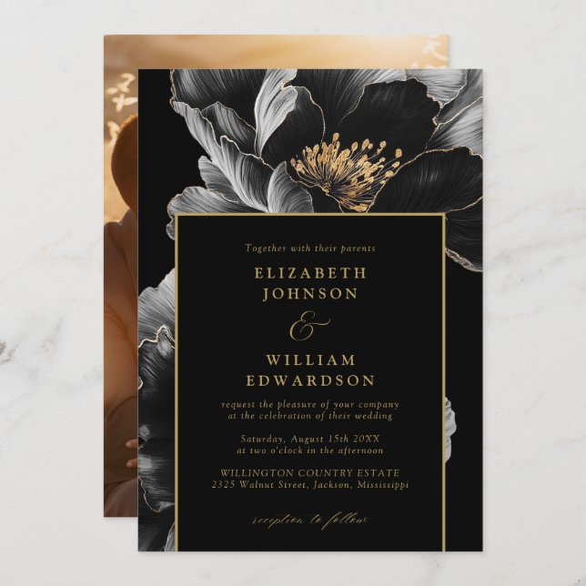 Invitation Mariage Photo Floral Chic Et Noir Et Or (Devant / Derrière)