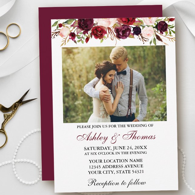 Invitation Mariage photo Floral de l'aquarelle de Bourgogne (Customize to change text color, size, style or to change color of back of card.)