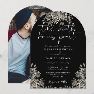 Invitation Mariage photo floral de roses gothiques noir et bl