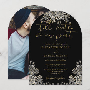Invitation Mariage photo floral de roses gothiques noir et or