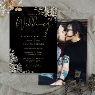 Invitation Mariage photo floral de roses gothiques noir et or
