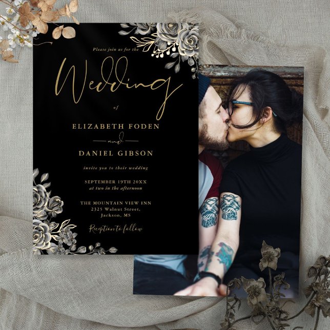 Invitation Mariage photo floral de roses gothiques noir et or (Black And Gold Gothic Roses Floral Photo Wedding Invitation)