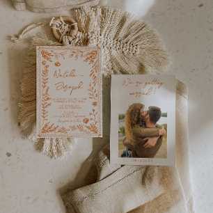 Invitation Mariage photo floral dessiné à la main orange colo