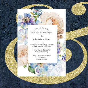Invitation Mariage photo floral doux Dusty bleu ivoire