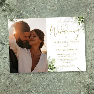 Invitation Mariage photo floral élégant avec feuillage doré