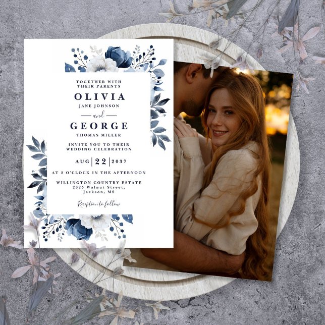 Invitation Mariage photo floral élégant bleu et blanc de la m (Créateur téléchargé)