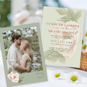 Invitation Mariage photo floral Elegant Sage and Blush Peony