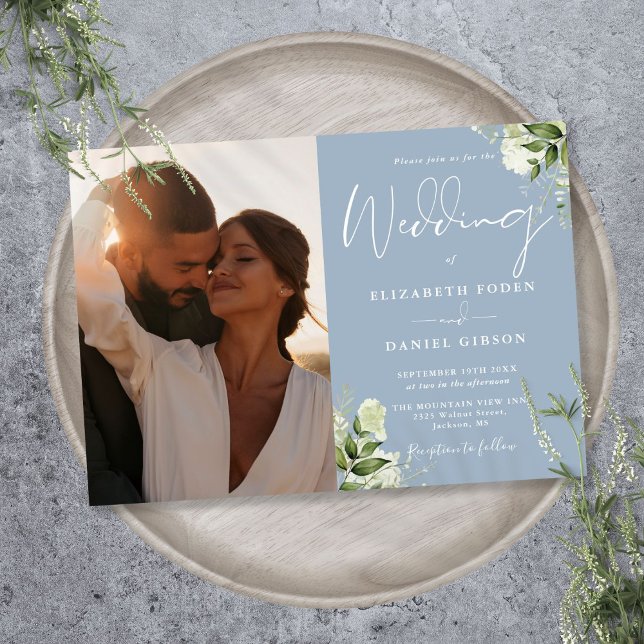 Invitation Mariage photo floral en bleu poussiéreux et verdur (Dusty Blue Greenery Floral Photo Wedding Invitation)