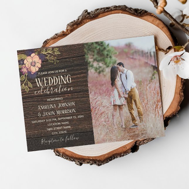 Invitation Mariage Photo Floral en Bois Rustique (Créateur téléchargé)