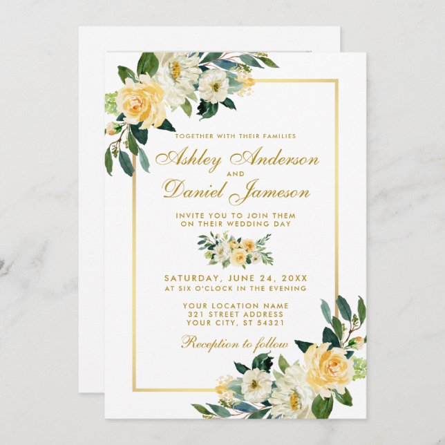 Invitation Mariage photo Floral Jaune Blanc Or (Devant / Derrière)