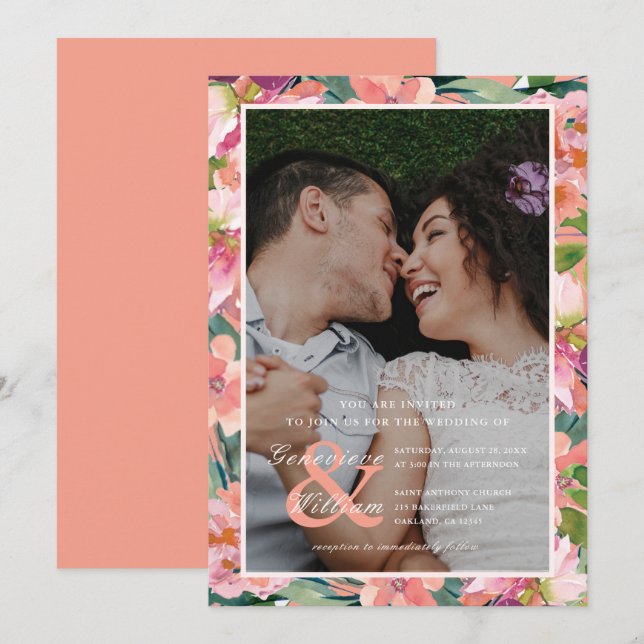 Invitation Mariage photo floral moderne Coral et Pêche (Devant / Derrière)