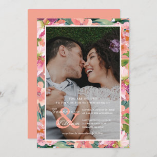 Invitation Mariage photo floral moderne Coral et Pêche