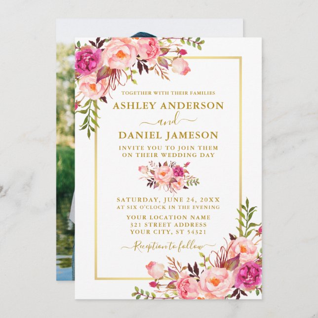 Invitation Mariage photo floral rose Aquarelle moderne (Devant / Derrière)