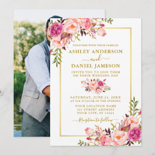 Invitation Mariage photo floral rose Aquarelle moderne