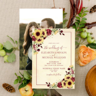 Invitation Mariage photo floral rustique Tournesol Bourgogne
