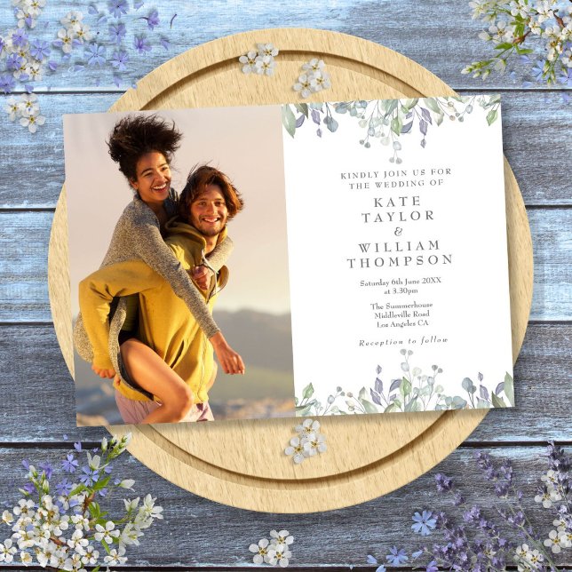 Invitation Mariage Photo Floral Sage And Lilac Greenery (Sage And Lilac Greenery Floral Photo Wedding Invitation)