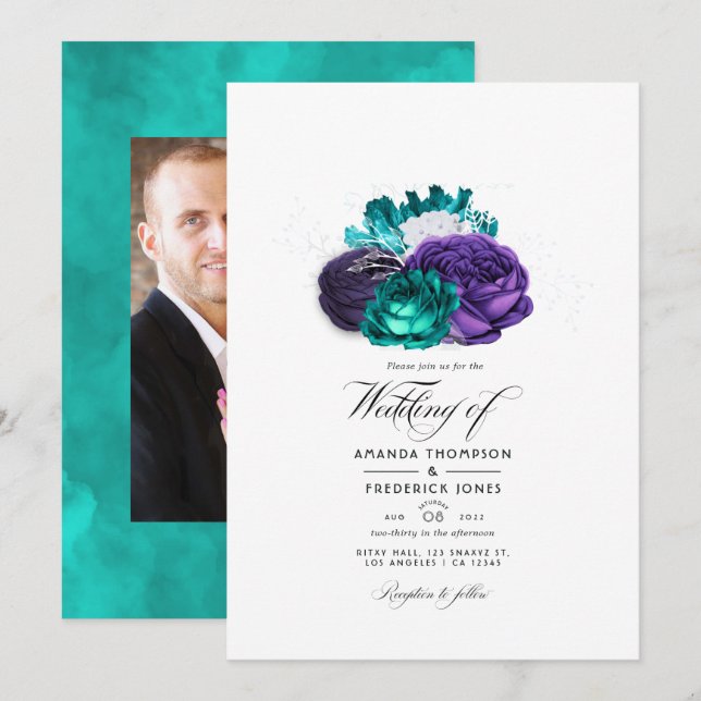 Invitation Mariage photo floral violet rustique et turquoise (Devant / Derrière)
