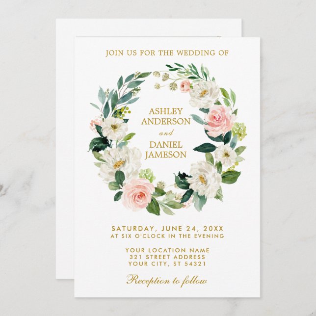 Invitation Mariage photo Floral Wreath Rose White Gold (Devant / Derrière)