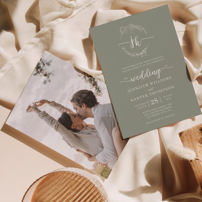 Invitation Mariage photo Floral Wreath Sage vert Monogramme (Créateur téléchargé)