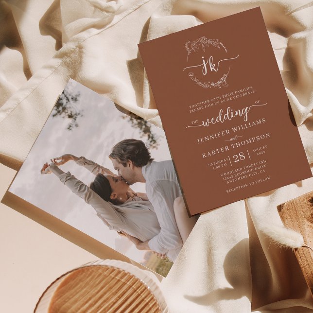 Invitation Mariage photo Floral Wreath Terracotta Monogram (Créateur téléchargé)