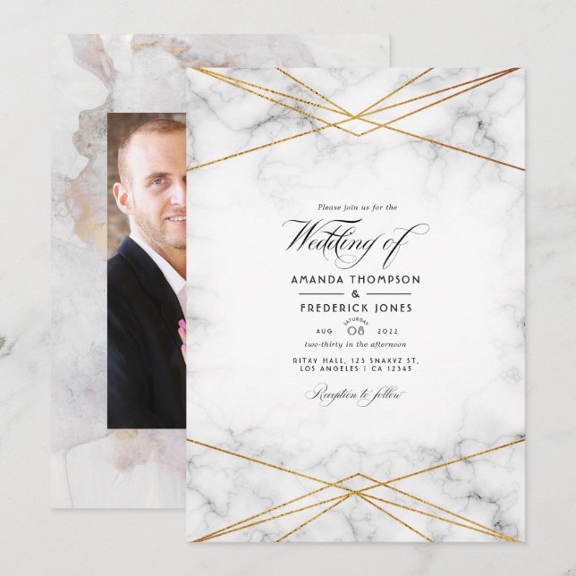 Invitation Mariage photo géométrique en marbre doré (Devant / Derrière)