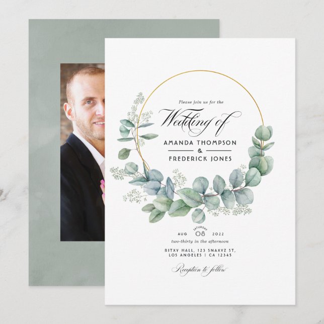 Invitation Mariage photo géométrique Eucalyptus Silver Sage (Devant / Derrière)