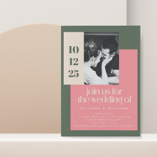 Invitation Mariage Photo Géométrique Rose et Vert Tendance