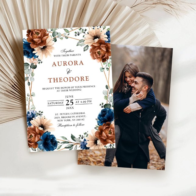 Invitation Mariage photo géométrique Terracotta Marine (Terracotta Navy Greenery Geometric Photo Wedding Invitation)