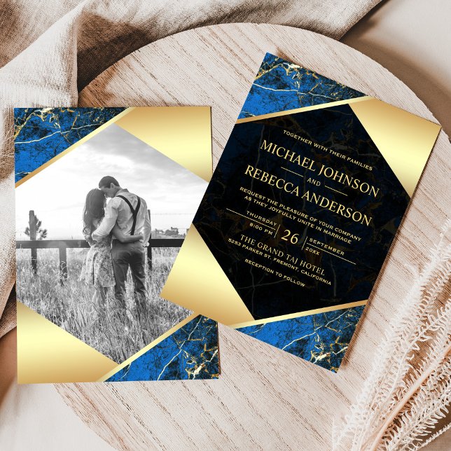 Invitation Mariage photo Gold Géométrique Royal Blue Marble (Créateur téléchargé)