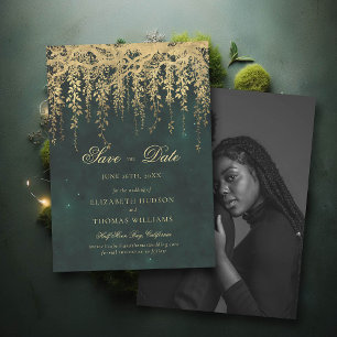 Invitation Mariage photo Gold Green Enchanted Date de sauvega