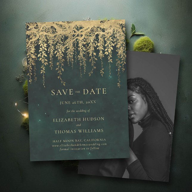 Invitation Mariage photo Gold Green Enchanted Date de sauvega (wedding save the date enchanted forest fairytale gold vines typography)