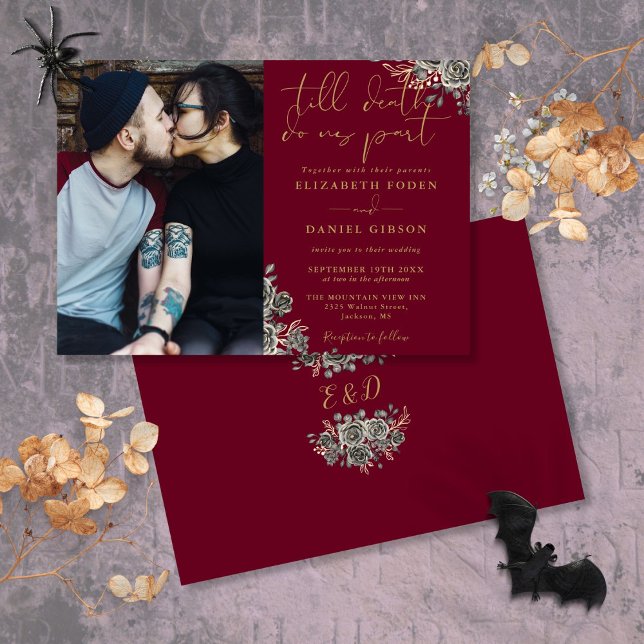 Invitation Mariage photo gothique Bourgogne et or (Burgundy And Gold Gothic Floral Photo Wedding Invitation)