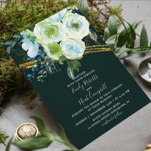 Invitation Mariage photo Green Turquoise Floral Gold Parties