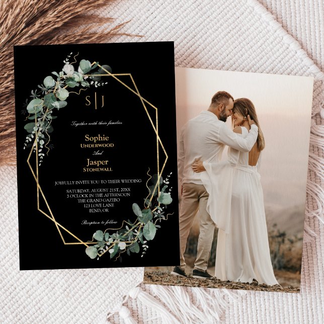 Invitation Mariage photo Greenery Gold Simple Black Monogram (Créateur téléchargé)