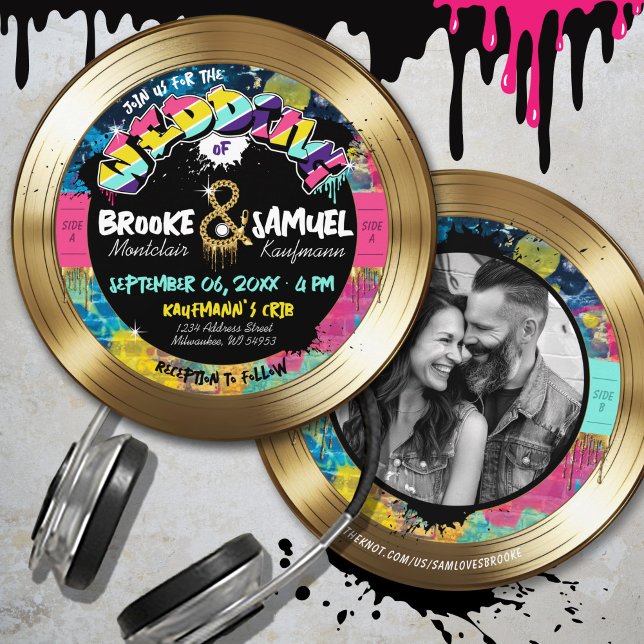 Invitation Mariage photo Hip hop Gold Vinyl Record Retro 80 (Fun, unique, retro 80's hip hop gold vinyl record round  wedding invitation colorful drips graffiti)