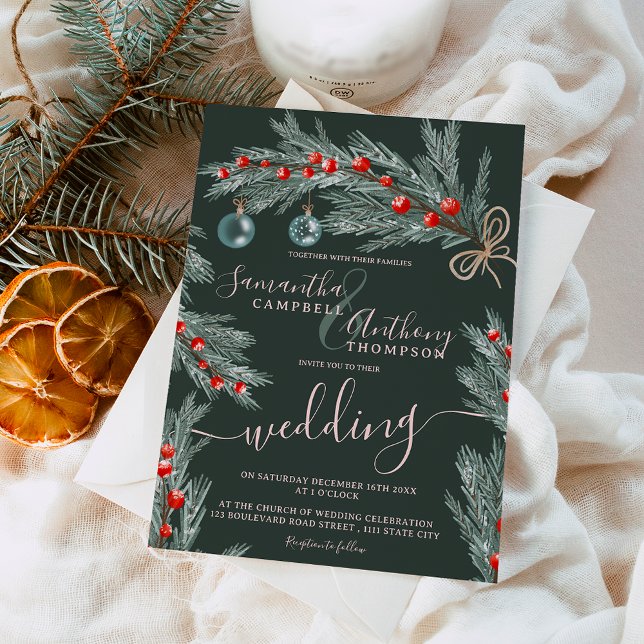 Invitation Mariage photo hiver de Noël de pin vert (Green pine Christmas winter photo wedding Invitation)