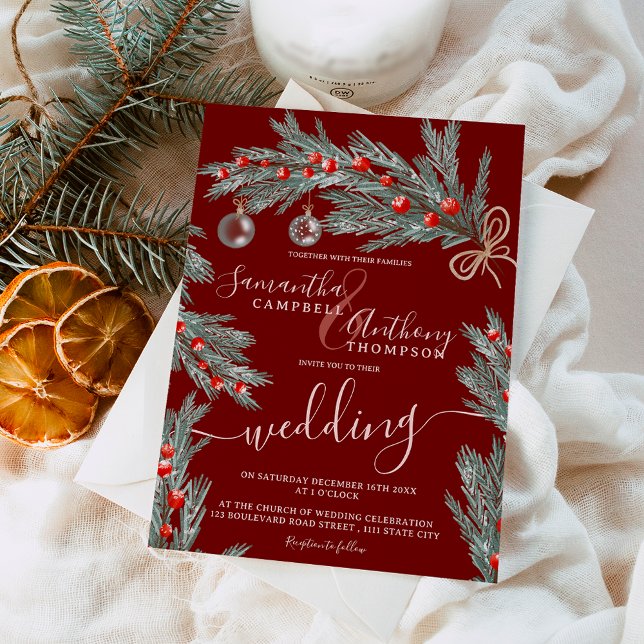 Invitation Mariage photo hiver de Noël de pin vert (Green pine Christmas winter photo wedding Invitation)