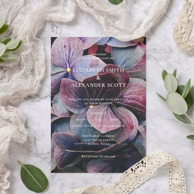 Invitation Mariage Photo Hydrangeas Or Bleu Lavande Violet (Créateur téléchargé)