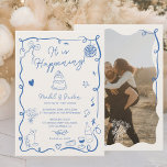 Invitation Mariage photo illustré en bleu français dessiné à<br><div class="desc">Célébrez l'union de l'amour avec notre Faire-part de mariage bleu rétro ! Ce design vintage illustré à la main dégage élégance et fantaisie, avec des gribouillages délicats, des cadres ondulés et des croquis complexes de nourriture et de boissons. Des verres à vin aux cocktails en passant par les délicieuses gourmandises,...</div>