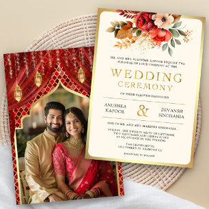 Invitation Mariage photo indien hindou Red Gold Floral