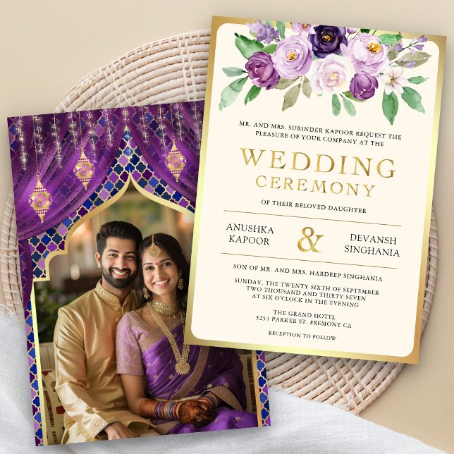 Invitation Mariage photo indien hindou violet or Floral (Créateur téléchargé)