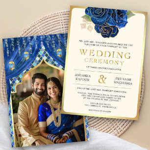 Invitation Mariage photo indien Hindu Blue Gold Floral