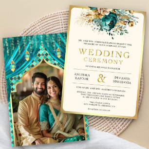 Invitation Mariage photo indien indien turquoise Floral d'or