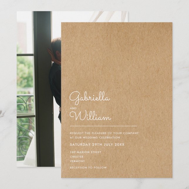 Invitation Mariage Photo Kraft Rustique Écriture Naturelle (Devant / Derrière)