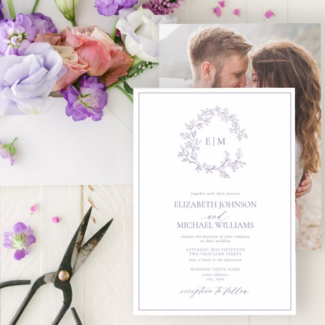 Invitation Mariage photo Lilac Lavender Leafy Crest Monogram (Créateur téléchargé)