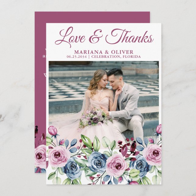 Invitation Mariage Photo Love and Thanks Card Marine Blue Win (Devant / Derrière)