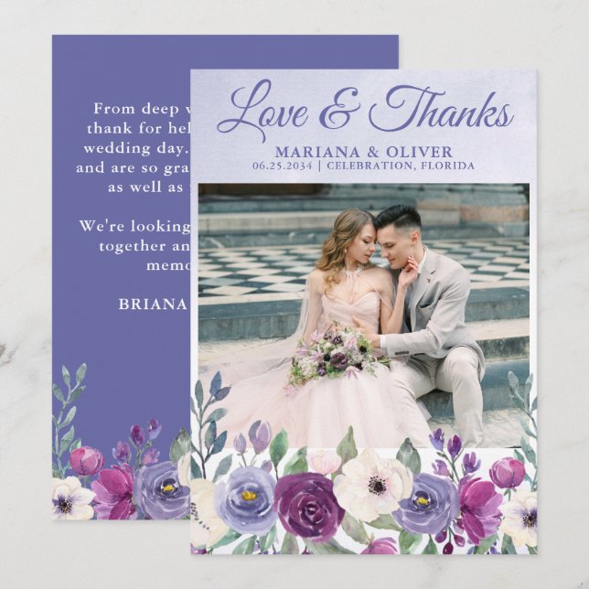 Invitation Mariage Photo Love and Thanks Card Purple Fuchsia (Devant / Derrière)