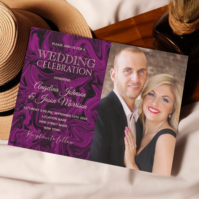 Invitation Mariage photo luxe pourpre et or (Créateur téléchargé)