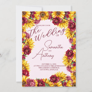 Invitation Mariage photo magenta et jaune d'or