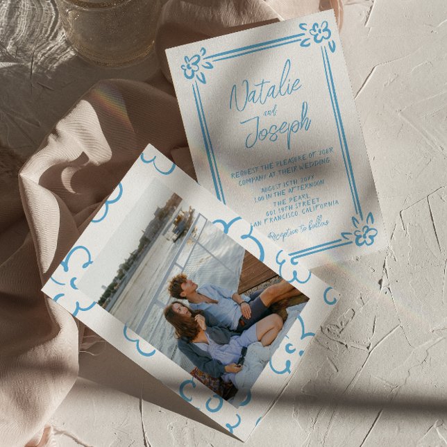 Invitation Mariage photo manuscrit bleu méditerranéen (Créateur téléchargé)